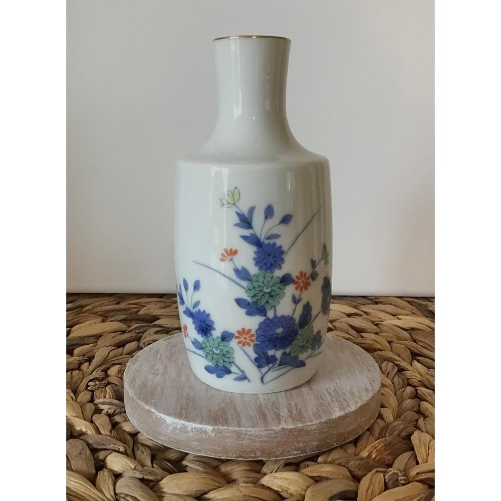 Vtg Japan Porcelain Sake Jug Tokkuri Vase Blue Floral Hand Painted Gold Rim 5.5"